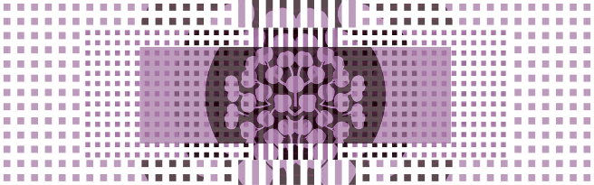 Versen Theories signature print — a halftone node cluster in mauve and black