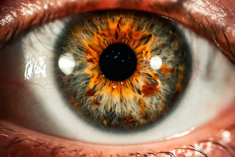 Macro photograph of a human eye, the iris a burst of amber and grey fibres around a wide black pupil