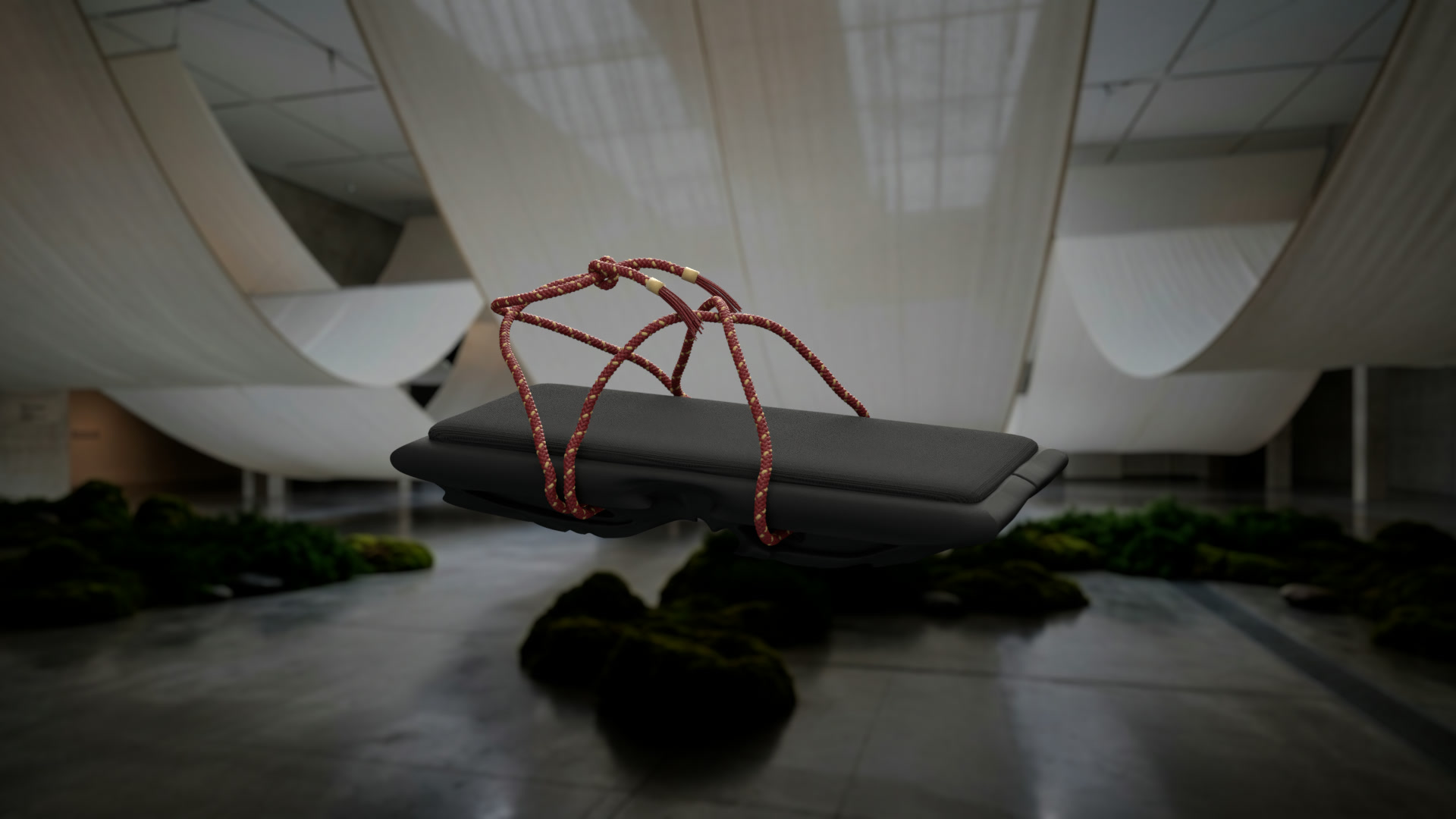v1: black TPU geta with a crimson kumihimo rope, floating in a gallery hall