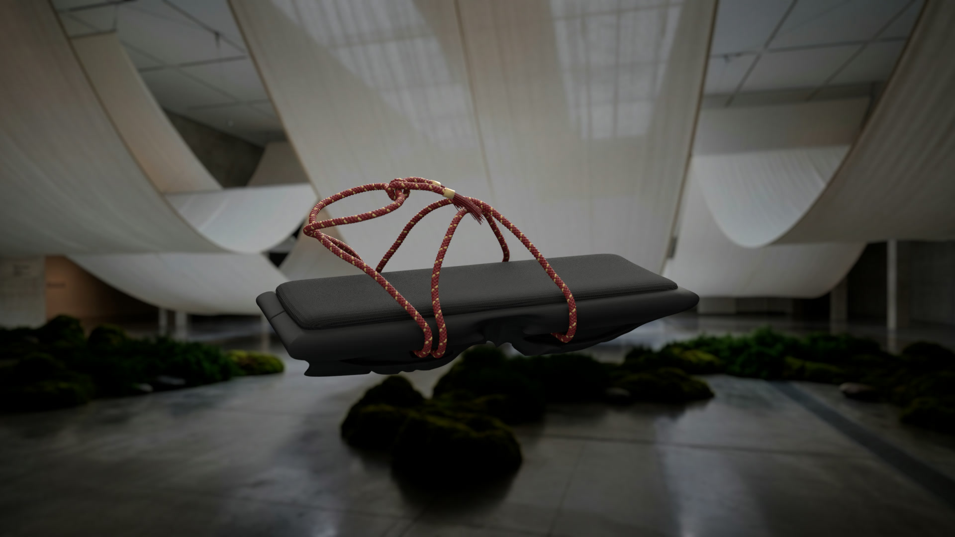 v1: black TPU geta with a crimson kumihimo rope, side angle
