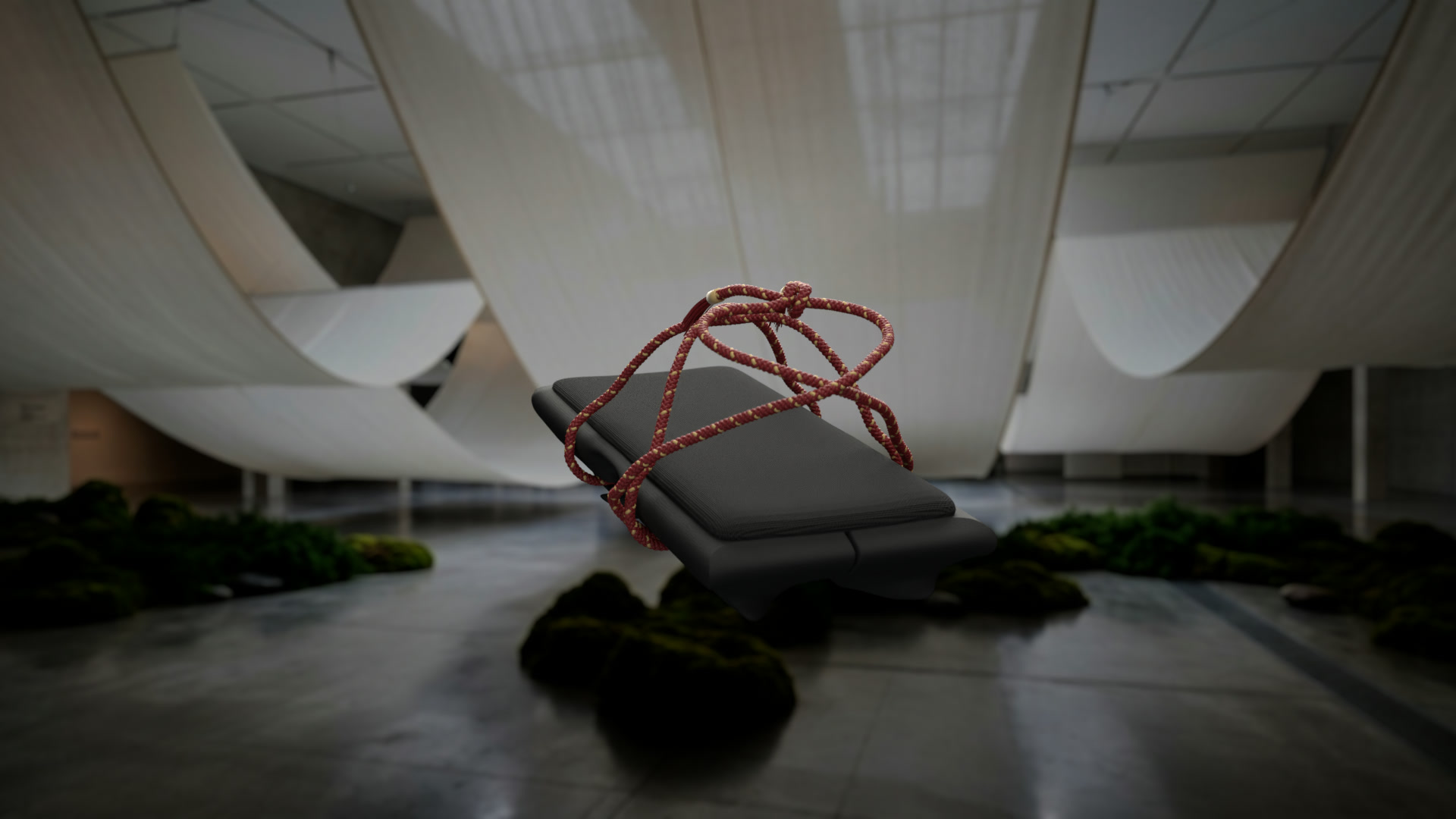 v1: black TPU geta with a crimson kumihimo rope, rear angle